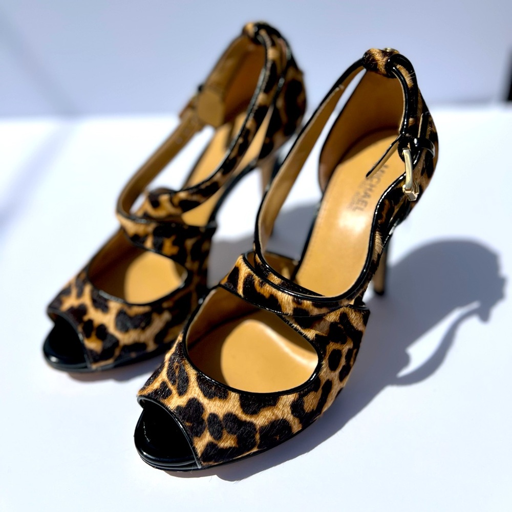 Michael Kors Calf Hair Leopard Print Strappy Heels 7